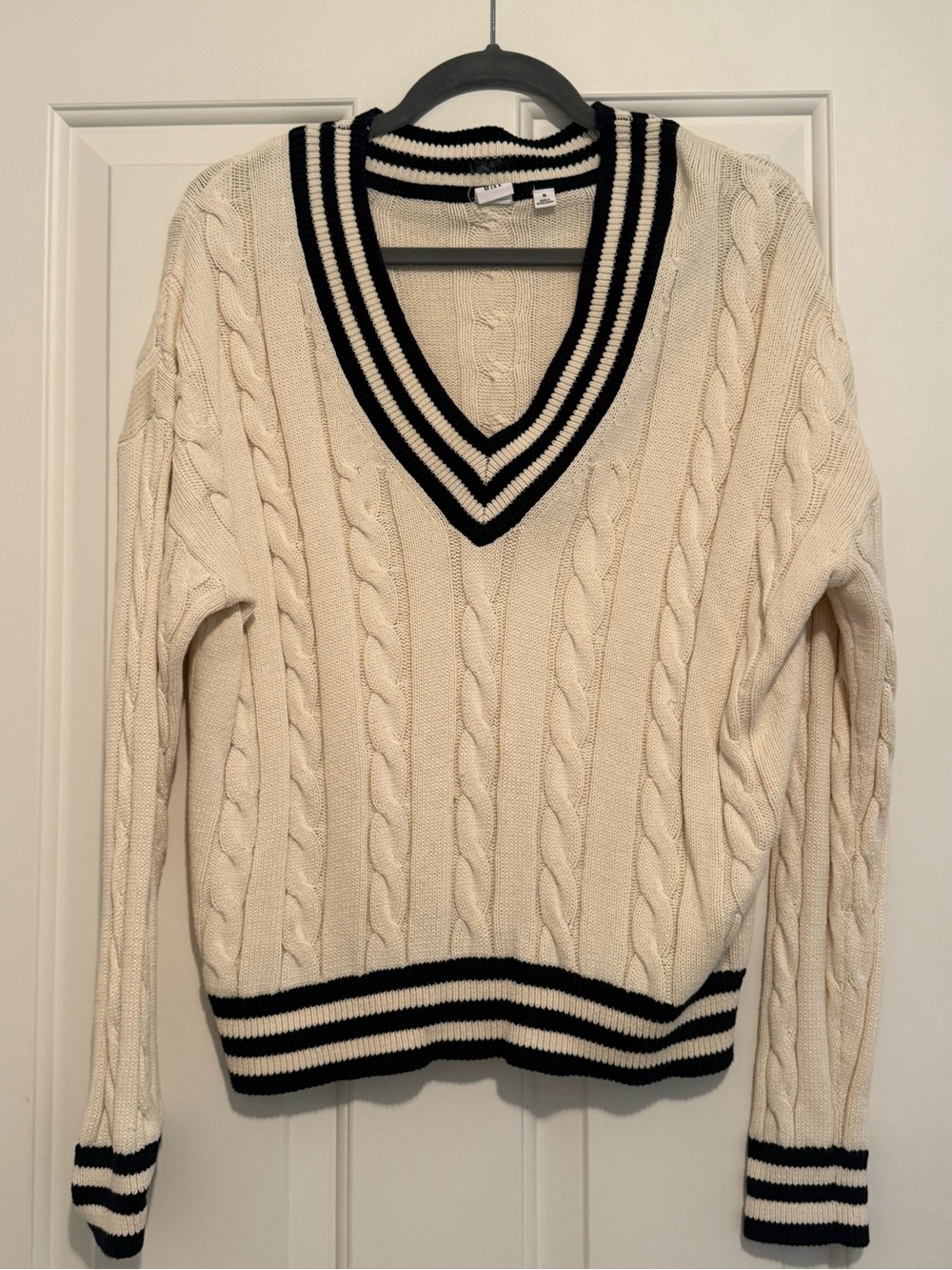 GAP Cream Cable Knit V-Neck Sweater with Black Stripe Trim